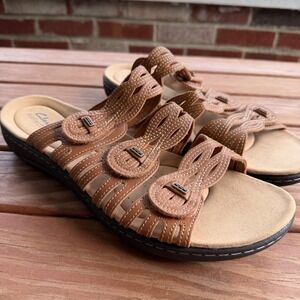 Clarks Collection Aibheann Ruby Tan Leather Slide Sandals Womens‎ 12 Wide 12W